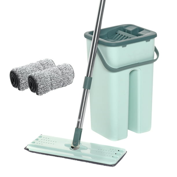 Flat Squeeze Mop and Bucket Set Free Hand Easy Floor Cleaning Microfiber Pad US 